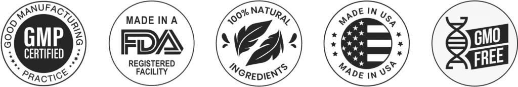 Quietum Plus badges – GMP certified, FDA registered facility, 100% natural ingredients, made in USA, GMO free