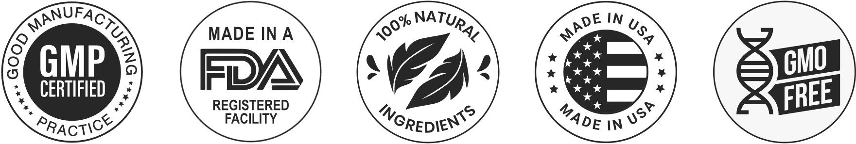 Quietum Plus badges – GMP certified, FDA registered facility, 100% natural ingredients, made in USA, GMO free